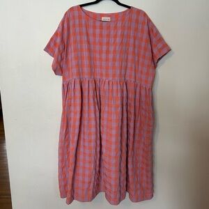 Off/On Linen Oversize Dress in Pink and Orange Checks